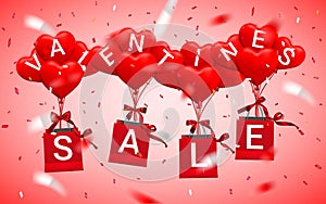 SALE, Happy Valentines Day background, red balloon in form of heart with bow and ribbon and Paper shopping bag. Vector