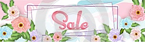 Sale header or banner design decorated with beautiful flowers.