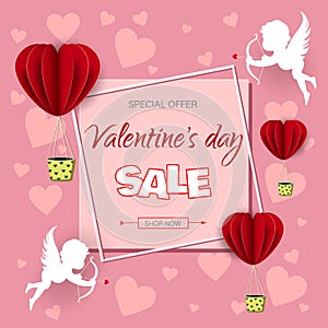 Sale header or banner set with discount offer for Happy Valentine`s Day celebration