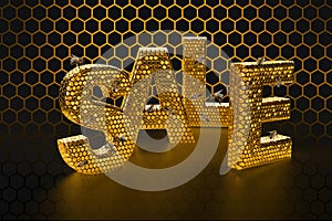 Sale hive with bee on honey comb.  Shiny hexagonal gold text on a black background with bee