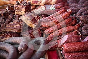 Sale of homemade sausages, salami and other meat products