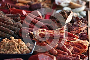 Sale of homemade sausages, salami and other meat products
