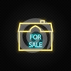 For sale, house neon icon. Blue and yellow neon vector icon