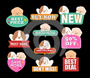 Sale icons with puppy design such as Buy Now, NEW, 50% OFF, Best Price, Must Have, Best Deal, Save More for online shopping