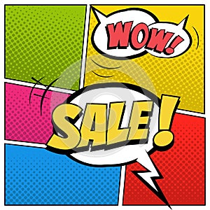 Sale illustration in comic book style. Speech bubbles with Sale and Wow words on colored halftone background.