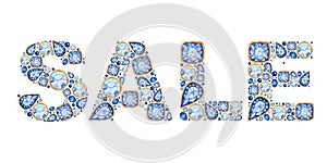 SALE inscription made of Classic blue Crystal with gold frame letters. Alphabet with diamonds, brilliant, jewelry shop