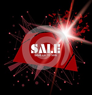 Sale inscription vector template. Red rectangular banner with explosion