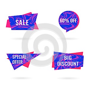 Sale isolated banners set. Big Sale and Discount offer stickers, tags, labels or paper banners set on white background. Blue and