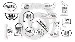 Sale Labels In Black And White Hues, Featuring Irresistible Discounts, Convey Urgency, Enticing Shoppers Vector Icon Set