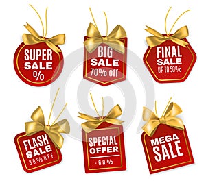 Sale labels. Shopping price tags with silk golden bows, realistic isolated elements. Marketing promotion. Discount