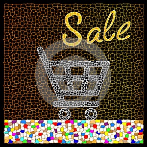 Sale lettering. Shopping cart icon. Mosaic background. Cells of different shapes and colors. Vector graphics for business advertis