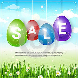 Sale Letters On Easter Eggs Over Blue Sky And Green Grass Background Template Holiday Shopping Card