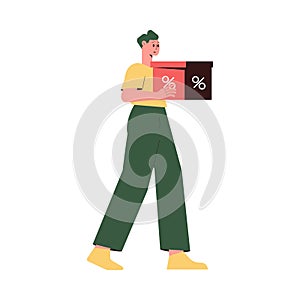 Sale with Man Character Carrying Box Shopping and Making Purchase Vector Illustration