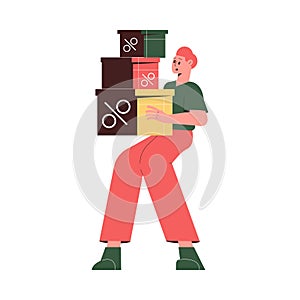 Sale with Man Character Carrying Pile of Boxed Shopping and Making Purchase Vector Illustration