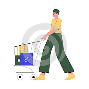 Sale with Man Character Pushing Cart with Bags Shopping and Making Purchase Vector Illustration