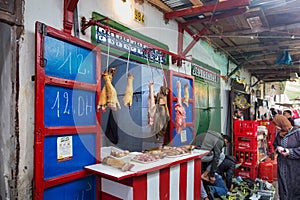 TETOUAN, MOROCCO - MAY 24, 2017: Sale of meats on the old food market in historical part of Tetouan in Northern Morocco