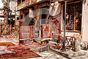 Sale of national carpets on the streets of Tbilisi. Georgia.