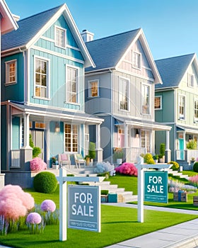 For Sale New Home House Street Construction Subdivision Row Pastel Colors AI Generated
