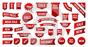 Sale and New Label collection set. Sale tags 30, 50, 70. Discount red ribbons, banners and icons. Special offer. Shopping Tags.