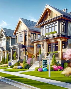 For Sale New Modern Wood Exterior Contemporary Home House Street Upscale Subdivision Row AI Generated