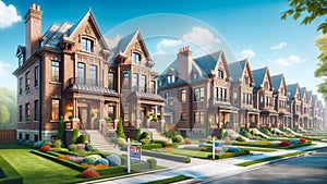 For Sale New Wood Exterior Expensive Home House Street Upscale Subdivision Row AI Generated