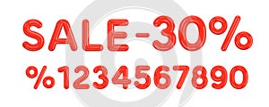 Sale off discount promotion set of realistic 3d numbers made of red shiny plastic. 30% percent discount advertising collection for