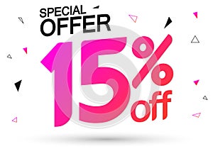 Sale 15% off, poster design template, discount banner, special offer, end of season, vector illustration
