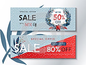 Sale Offer Coupons set. Merry Christmas Happy New Year 2024 Decoration Christmas berry plant ribbon wreath sales scrapbook