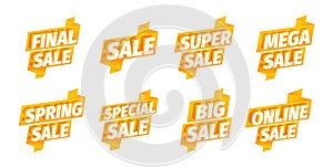 Sale offers ribbon sticker set. Advertising promotion poster. Mega super final spring. Big online. 3d letters on a