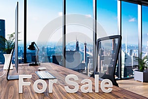 For sale; office chair in front of modern workspace with computer and skyline view; real estate concept; 3D Illustration