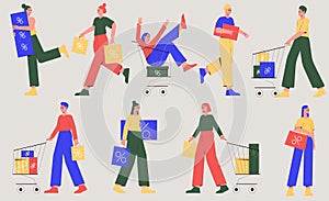Sale with People Characters Shopping and Making Purchase Vector Set