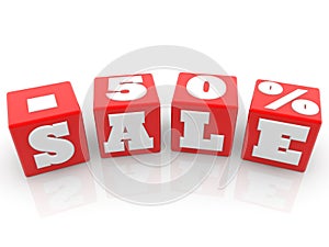 Sale and 50 percent concept on red cubes