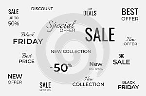 Sale phrases for promo banner. promotion lettering collection. advertising design