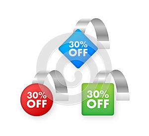 Sale Point Tag set with 30 percent off. Color Clear Round Supermarket Shelf Wobbler Label. Vector stock illustration.