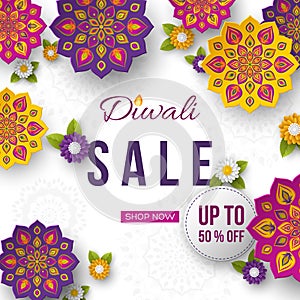 Sale poster or banner for festival of lights - Diwali. Paper cut style of Indian Rangoli. White background, vector