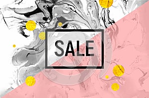 Sale Poster. Black and White Marble Baclground. Pink Stripe, Gold Foil Circles.