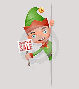 Sale Poster Broadsheet Advert Look Out Corner Boy Cute Elf Christmas Santa Claus Helper Teen New Year Holiday 3d Cartoon photo