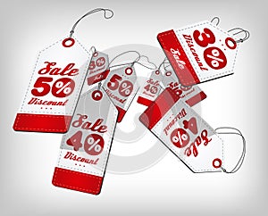 Sale poster with price tags with percents falling and flying. Red design template for sale event. Vector illustration.