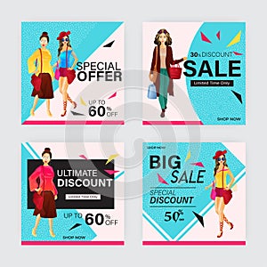 Sale poster or template collection with different discount offers and beautiful women.