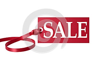 Sale price tag or label with red ribbon isolated on white.