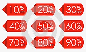 Sale price tag set. Red discount icons or stickers. 10,20,30,40,50,60,70,80,90 percent off. Vector illustration.