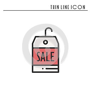 Sale price tag thin line icon. Seasonal discount badge sale design. Paper label, card. Vector simple flat linear design