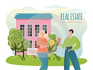 Sale property vector illustration, flat cartoon agent broker character sale house, people buy or rent new home, real