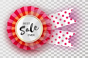 Sale Red Ribbon Banner in paper cut style. Origami discount tag, special offer, buy now. Graphic element on transperent
