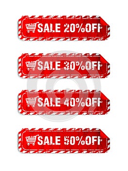 Sale red stickers set in grunge design style vector. Sale 20%, 30%, 40%, 50% off