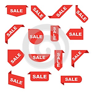 Sale ribbons. Corner banner, new tag labels and present buttons vector isolated collection photo