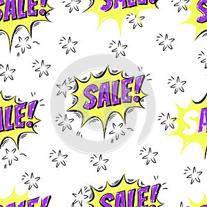 Sale seamless vector pattern. Speech bubbles with word SALE and flying stars. Colorful illustration