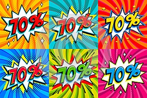 Sale set. Sale seventy percent 70 off tags on a Comics style bang shape background. Pop art comic discount promotion