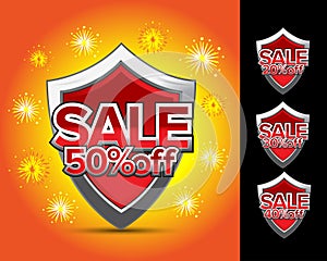Sale shields 50% off. Sale shields 20% off. Sale shields 30% off. Sale shields 40% off emblem. Crest. Shield sticker, banner.