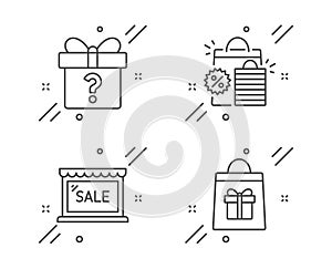 Sale, Shopping bags and Secret gift icons set. Holidays shopping sign. Vector